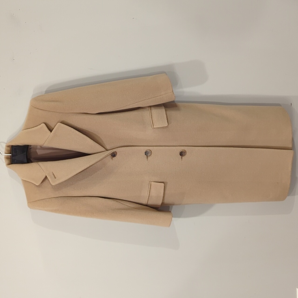 Vtg Jones NY 100% New Wool Long Pea Coat Camel Button Front Sz L shoulder pads